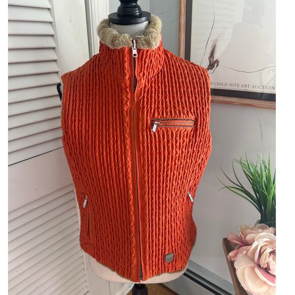 Vintage 90s METROPOLIS Womens Vest Orange Faux Fur Trim Outdoor Ski Winter8